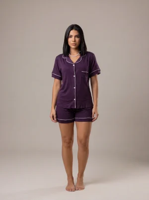 Model wearing a plum short-sleeve pyjama set